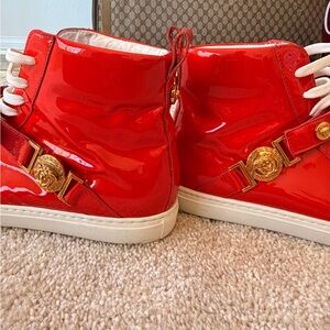 Versace Red Patent Leather Medusa Strap High-Top Sneakers